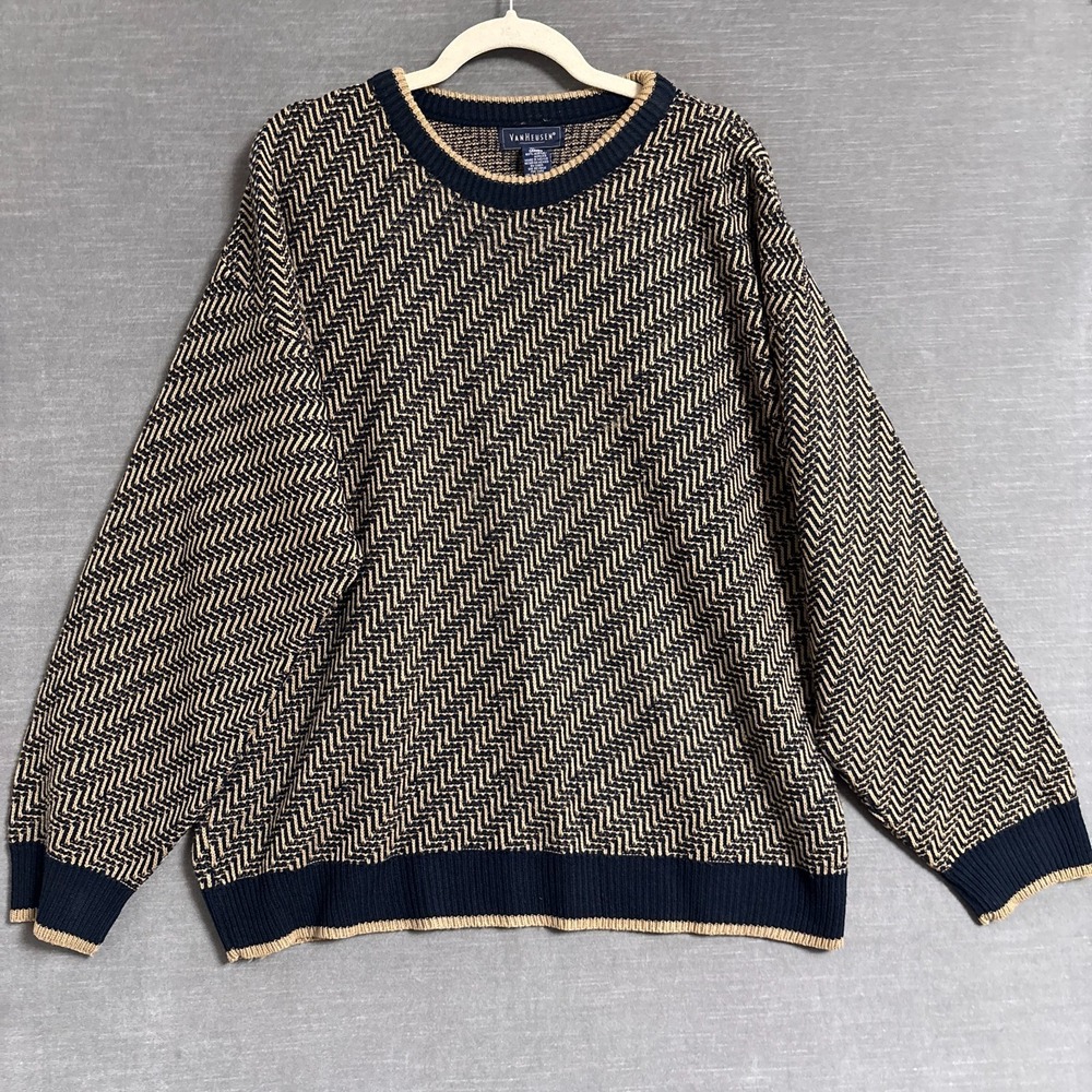 Vintage Van Heusen Sweater L Gold Tan Navy Blue Herringbone 3D 90s Grandpa Cosby